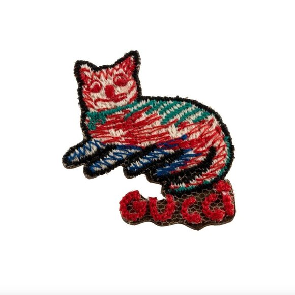 Gucci Wood & Cord Embroidered Cat Pin - Picture 1 of 3